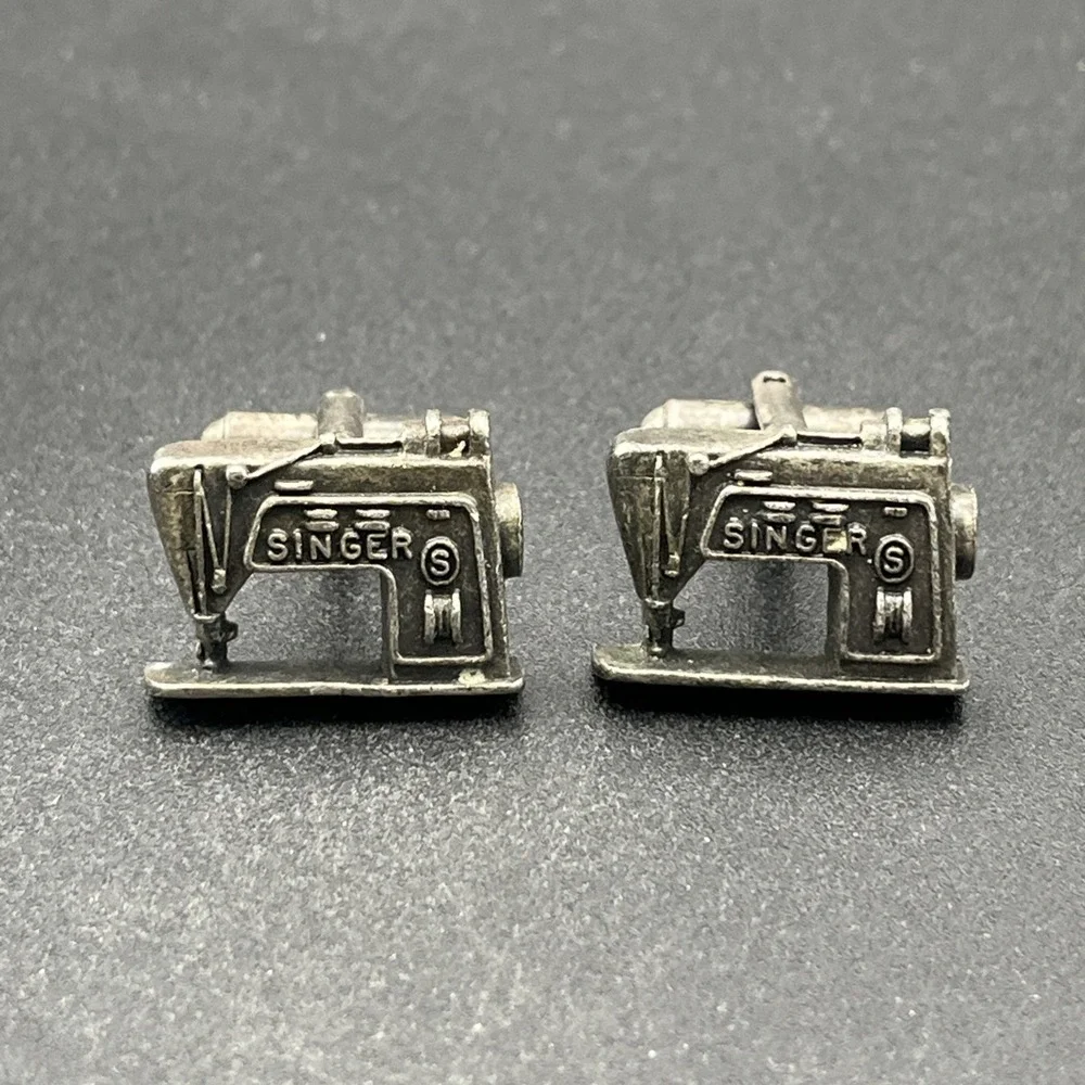 Vintage Singer Sewing Machine Cufflinks Silver Tone
